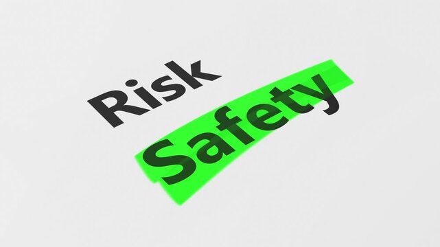 Safety and security concept 3d animation of risk text and safety word highlighted with a green marker.