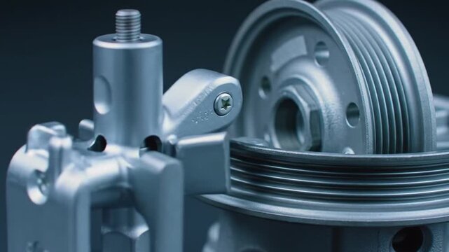 Close-up view of precision metal components, likely part of a mechanical system or machine.