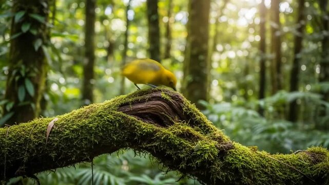 Vibrant yellow tanager perched on mossy branch in tropical rainforest, exploring wildlife of vibrant colored tanager in a dense tropical rainforest environment