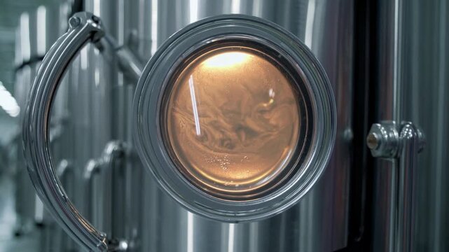 Futuristic Bioreactor Facility With Rows of Stainless Steel Tanks in a High Tech Environment, Featuring Detailed Closeup of a Tank Viewing Window