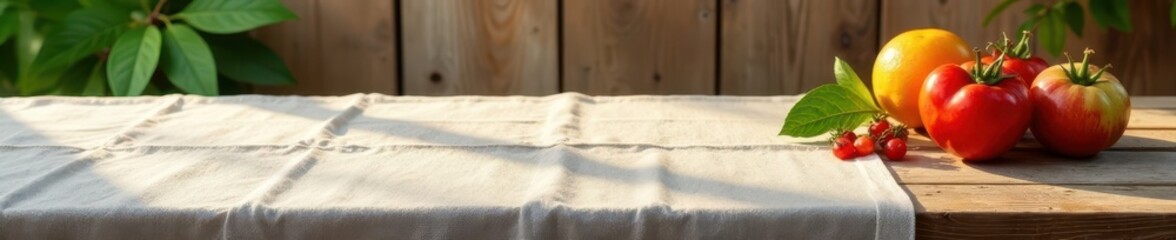 Empty wooden table with linen tablecloth, ideal for product placement, shadow, surface
