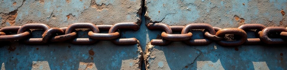 Oxidized chain section split apart on aged stone , corrosion, surface