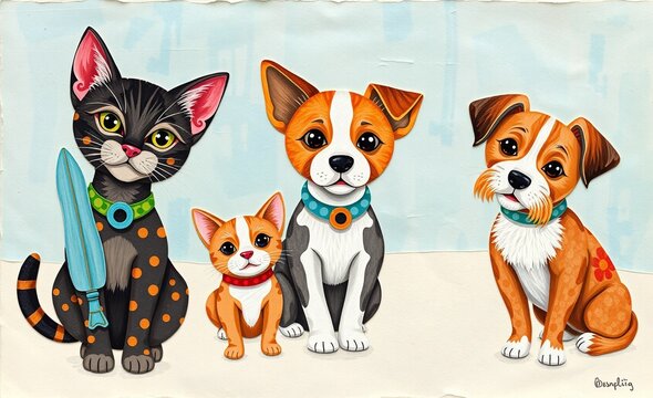 Whimsical animal art showcasing a black cat, a small kitten, and two adorable puppies with colorful collars on a serene background.