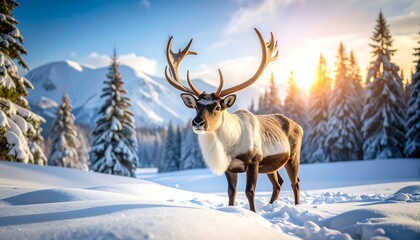 Majestic reindeer in snowy mountains