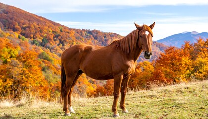 Fototapeta premium Chestnut Horse Autumn Mountain Pasture.