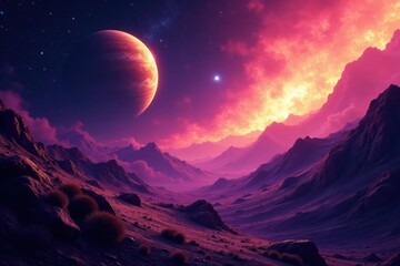 Abstract cosmic landscape, golden planets amidst purple nebula, glowing energy , illustration, celestial, background