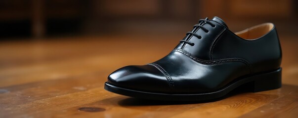 Sleek black flamenco shoes, polished leather, wooden floor , stage, style