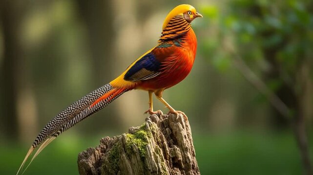 Majestic Golden Pheasant Displaying Vibrant Plumage in Natural Habitat, Wildlife Close-up, Bird Watching Adventure in Serene Forest Setting, Wildlife Photography, Fauna Species