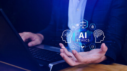 Fototapeta premium AI ethics expert guides the way, balancing artificial intelligence with humanity, Icons related AI ethics, symbols of legal scales, security, ethical standards and regulations in AI technology.