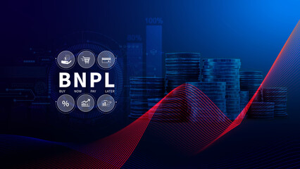 BNPL, Buy Now Pay Later concept. using with icons of BNPL with online shopping icons technology. BNPL buy now pay later online shopping concept.