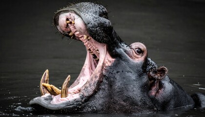 Hippopotamus yawning showing its massive teeth and tusks in the water.