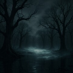 Dark swamp landscape with twisted dead trees and glowing mist