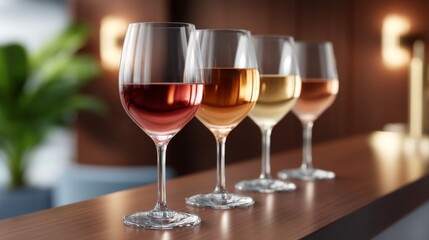 Assorted wine collection in glasses on wooden counter with soft lighting