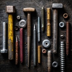 Assorted nails, screws, and bolts arranged on a wood surface.
