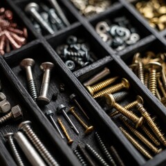 A collection of diverse nails and screws arranged on wood.
