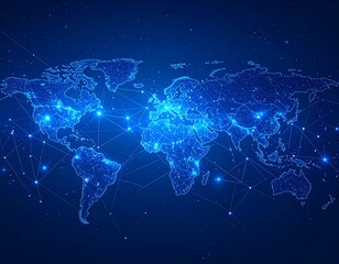 Global network map with interconnected dots and lines on a blue gradient background to represent