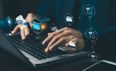 DMS Document Management System concept. Data storage. Businessman using a tablet and touching folder icon to search on databases with virtual screen. documents digital for corporate businesses.