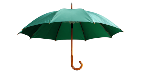 Classic Green Umbrella With Wooden Handle On Transparent Background, PNG