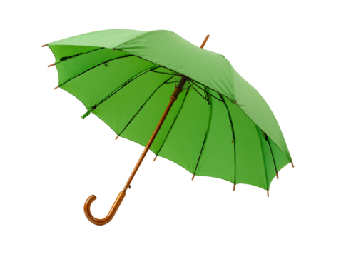 Classic Green Open Umbrella With Wooden Handle Isolated On Transparent Background, PNG