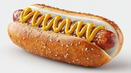 A grilled hot dog in a toasted, seeded bun, generously topped with squiggles of yellow mustard.  The bun is slightly toasted and shows sesame seeds