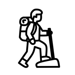 Simple Outline Hiker Walking with Backpack and Trekking Pole Icon