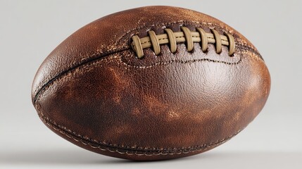 Aged, leather American football, light gray background