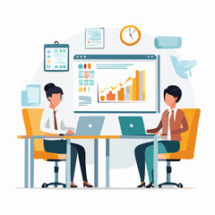Flat vector illustration in SVG of diverse business team with laptops, charts, and presentation. Bright palette, modern office setting, scalable and editable, white background.
