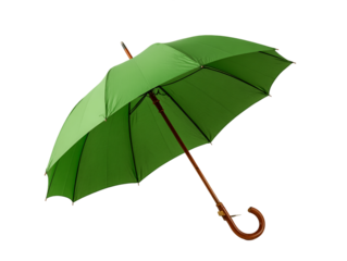 Classic Green Umbrella With Wooden Handle On Transparent Background, PNG