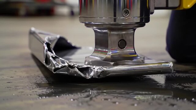 Close-up of a hydraulic spreader tool crushing a metal beam on a wet concrete floor.