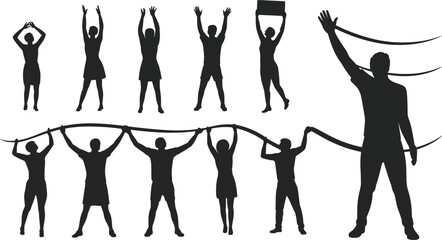 Silhouette people vector illustration, group figures holding long ribbon, teamwork celebration concept, black outline characters standing and lifting, unity and 