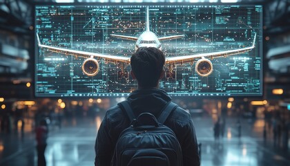 Back view of man with backpack looking at the plane on screen. Great for technology, aviation, or even a modern travel concepts.