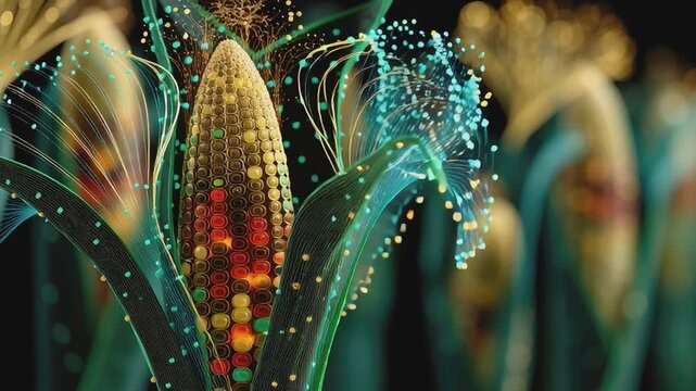 Corn digital art: A vibrant digital art piece showcases a close-up of a single ear of corn, with the focus on the texture and detail of the kernels. Surrounding the corn.