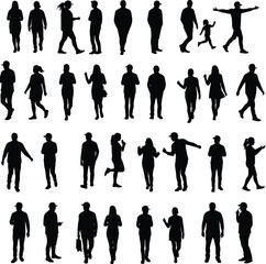 People walking silhouettes, male and female figures, casual standing poses, urban lifestyle vector, street crowd illustration, everyday movement graphics, 