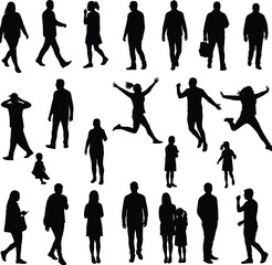 People walking silhouettes, jumping and running figures, male and female poses, urban lifestyle vector, street crowd illustration, everyday movement art, pedestrian silhouettes