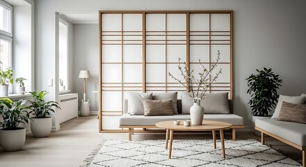 Sunlit Japandi Living Room Featuring a Traditional Shoji Screen Divider and Minimalist Decor.