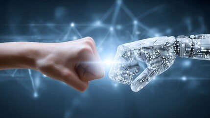 Human hand fist bumping with robotic hand, concept of artificial intelligence, technology collaboration, future innovation, and partnership between humans and machines