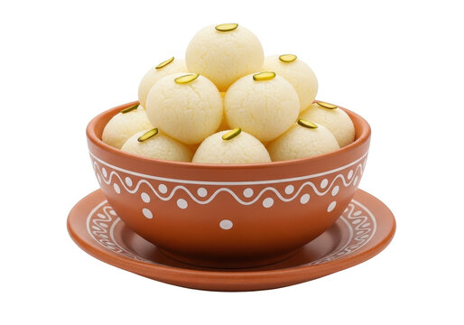 Delicious rasgulla indian sweet dessert in a traditional clay bowl isolated on transparent background