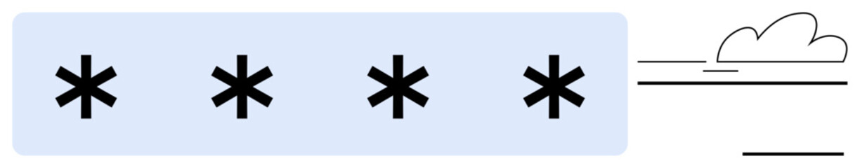 Four black asterisks aligned horizontally, accompanied by minimal cloud and linear elements. Ideal for communication, creativity, abstraction, balance, minimalism, modern design, and concept art