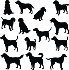 dog silhouette vector, pet animal outline, domestic dog pose illustration, sitting and standing dog clipart, black dog shape, canine breed silhouette art