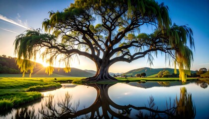 Majestic tree reflected in tranquil pond at sunrise