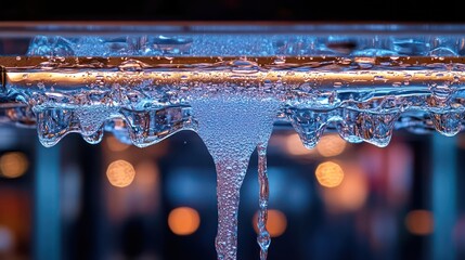 Close-up of kitchen faucet with water droplets above shiny clean sink