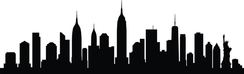 new york city skyline silhouette, manhattan building outline vector, statue of liberty illustration, urban cityscape art, black city silhouette clipart © MstMuktarinaAkter
