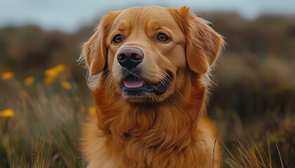Golden retriever in a field with flowers, head and shoulders shot. Showcase pet care, dog breeds, or outdoor dog photography.