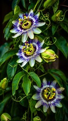 Vibrant purple and white passion flowers blooming on a vine