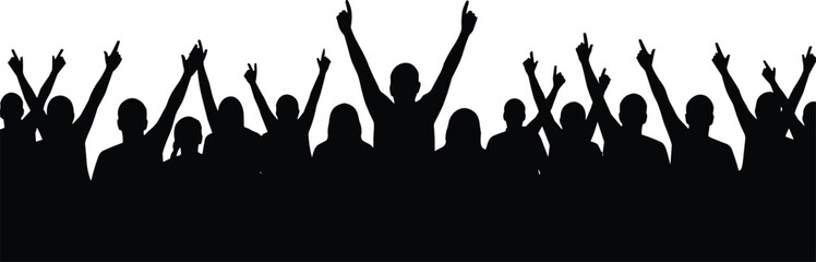 concert crowd silhouette, cheering audience vector, music festival illustration, party celebration graphic, live event spectators, fan group outline, happy people silhouettes, festival audience art
