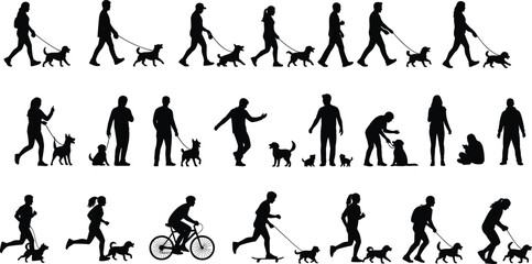 Silhouettes of people walking, running, playing, biking, and exercising with dogs, pet owners outdoor activities, leisure lifestyle, companionship