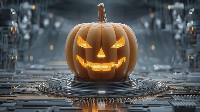 Cyberpunk Halloween: A glowing jack-o'-lantern carved with a fierce expression sits on a high-tech, futuristic platform, embodying the essence of digital Halloween. 