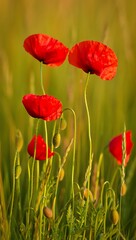 Obraz premium Vibrant red poppies blooming in a sunlit meadow