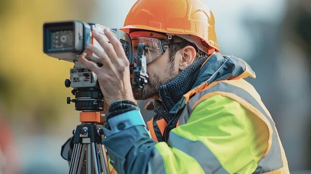 Surveyor Precision: A focused surveyor, clad in a hard hat, meticulously operates surveying equipment, emphasizing the attention to detail and dedication required in the industry.