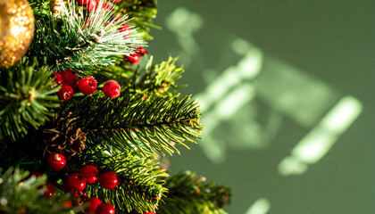 Close-Up Of A Beautifully Decorated Christmas Tree With Red Berries And Soft Shadows